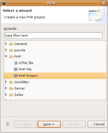 Selecting PHP Project from the Wizard Selection List